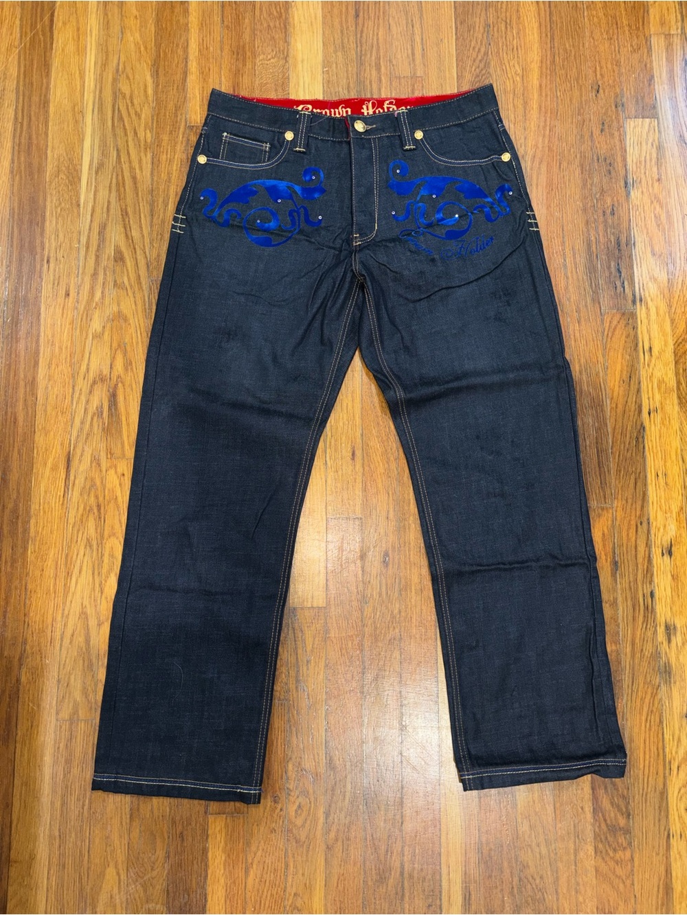 Men's Dark crown holder Jeans with Blue Pocket Embroidery Sz:36